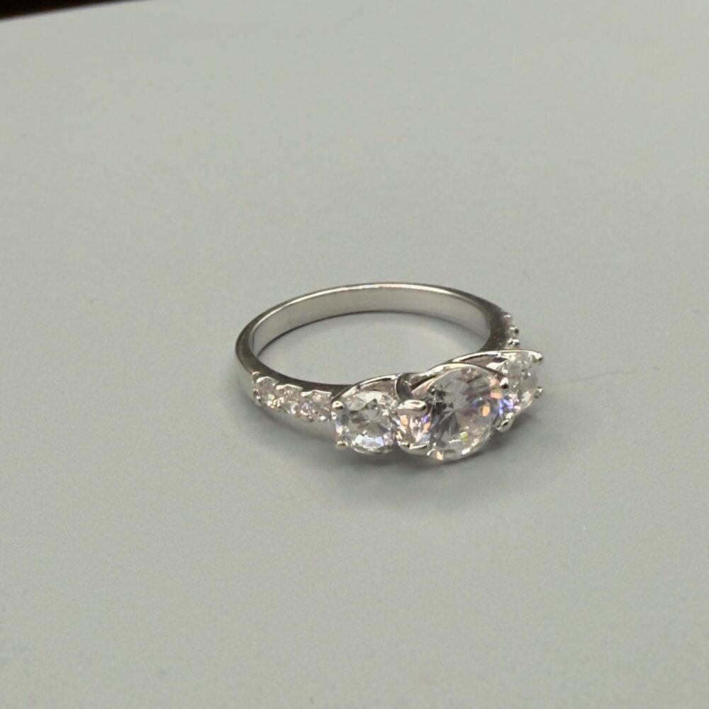 Three Stone Cubic Zirconia Engagement Ring Silver Tone Round Cut Size 6 - Picture 7 of 14